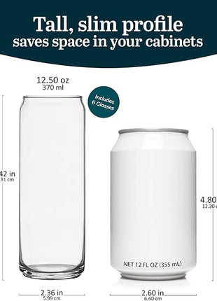 Libbey Classic Slim Beer Can Glasses, 12.5 oz Tall Drinking Glasses Set of 6, Space-Saving, and Versatile Thin Glassware for Cocktails, and Mocktails