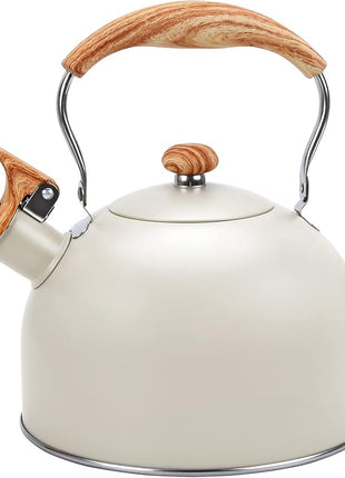 Tea Kettle Stovetop, 2.6Qt Whistling Tea Pots for Stove Top, Heat-resistant Folding Handle，Cute Teapot(Beige)
