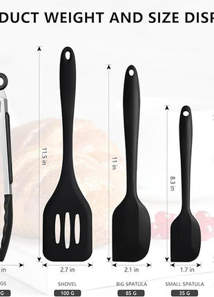 NileHome 4 Pack Silicone Spatula and Grilling Tongs Kitchen Utensils with Silicone Brush Heat Resistant BPA-free Rubber Spatula for Scraping, Baking, Cooking, Mixing-Black