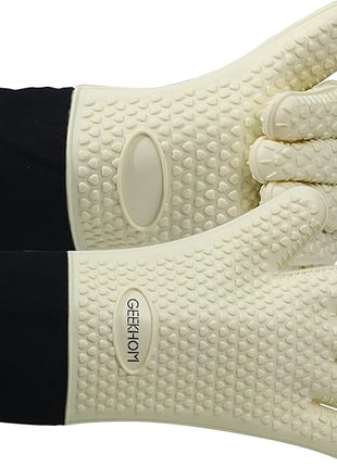 GEEKHOM BBQ Gloves Heat Resistant Oven Mitts - Silicone Grilling Gloves with 13.7" Arm Protection - Waterproof Pot Holder Non-Slip for Men & Women, Kitchen Outdoor Cooking, Baking, Camping, Mint Beige