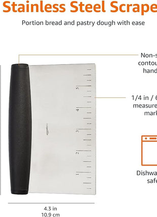 Amazon Basics Multi-Purpose Stainless Steel Scraper/Chopper with Contoured Grip, 6", Black, Silver