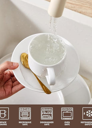 Lareina 8 Ounce Porcelain Cappuccino Cups Set of 4, Stackable Coffee Cups with Saucers, Spoons and Metal Stand -for Specialty Coffee Drinks, Cappuccino, Latte, Americano and Tea, White