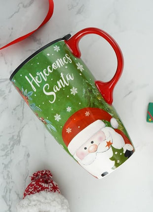 Topadorn Christmas Ceramic Mug Coffee Cup with Sealed Lid and Gift Box Latte Mug, 17oz. Here Comes Santa Claus