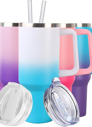 SYACOT 40 oz Tumbler with Handle and Straw Stainless Steel Insulated Tumbler Leak Proof Lid and Straw Lid Reusable Travel Mug Coffee Mug Cup Dishwasher Safe Keep Drinks Cold and Hot (White Blue)