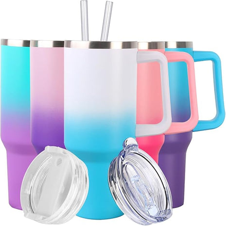 SYACOT 40 oz Tumbler with Handle and Straw Stainless Steel Insulated Tumbler Leak Proof Lid and Straw Lid Reusable Travel Mug Coffee Mug Cup Dishwasher Safe Keep Drinks Cold and Hot (White Blue)