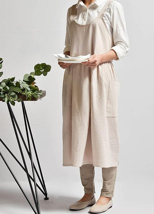 Uaussi Cotton Linen Apron Cross Back Work Apron for Women with Pockets Pinafore Dress X Cross Halter Apron for Chef Gardening