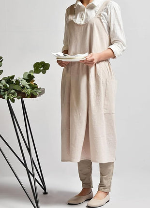 Uaussi Cotton Linen Apron Cross Back Work Apron for Women with Pockets Pinafore Dress X Cross Halter Apron for Chef Gardening