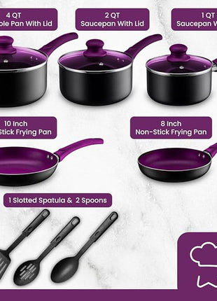 Chef’s Star Aluminum Pots and Pans Set for Kitchen - Nonstick Stackable Induction Cookware, 11 Pcs, Purple
