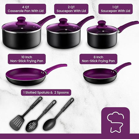 Chef’s Star Aluminum Pots and Pans Set for Kitchen - Nonstick Stackable Induction Cookware, 11 Pcs, Purple
