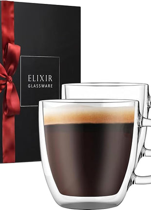 Elixir 16 oz Large Double Wall Coffee Mug Set of 2 - Double Wall Glass Coffee Cup - Large Mug - Insulated Glass Mugs with Handle for Hot Drinks Tea