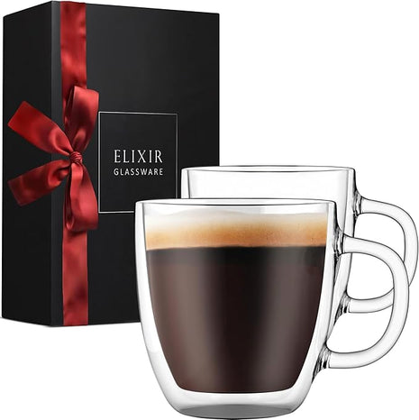 Elixir 16 oz Large Double Wall Coffee Mug Set of 2 - Double Wall Glass Coffee Cup - Large Mug - Insulated Glass Mugs with Handle for Hot Drinks Tea