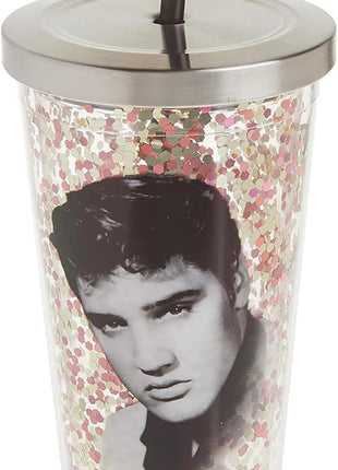 Spoontiques - Glitter Filled Acrylic Tumbler - Glitter Cup with Straw - 20 oz - Stainless Steel Locking Lid with Straw - Double Wall Insulated - BPA Free - Elvis Presley