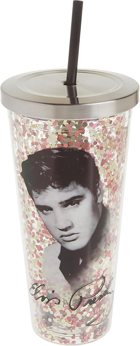 Spoontiques - Glitter Filled Acrylic Tumbler - Glitter Cup with Straw - 20 oz - Stainless Steel Locking Lid with Straw - Double Wall Insulated - BPA Free - Elvis Presley