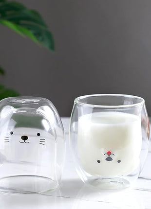 Cat Mug Cute Mugs Glass Double Wall Insulated Glass Espresso Cup, Kawaii Cup, Coffee Cup, Tea Cup, Milk Cup, Best gift for Office and Personal Birthday Christmas (Cat)