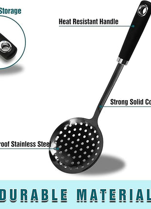 Skimmer Spoon, Slotted Spoons for Cooking, Slotted Spoon, Kitchen Stainless Steel Serving Spoons, Stainless Steel Strainer, Black