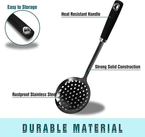 Skimmer Spoon, Slotted Spoons for Cooking, Slotted Spoon, Kitchen Stainless Steel Serving Spoons, Stainless Steel Strainer, Black