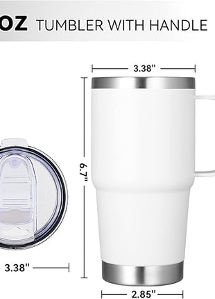 VEGOND 20 oz Tumbler with Handle Lid and Straw, Stainless Steel Insulated Travel Coffee Mug Spill Proof Double Wall Metal Tumbler Cup Keeps Drink Hot and Cold, White 1 Pack