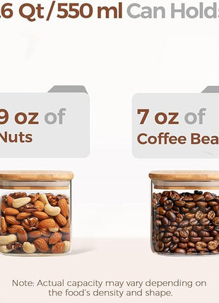 ComSaf 0.6 Qt Glass Food Storage Jars Set of 6, Clear Storage Containers with Airtight Lids, Pantry Organization Jar, Spice Jar, Blooming Tea, Coffee and Sugar Container, Canister Set for Kitchen