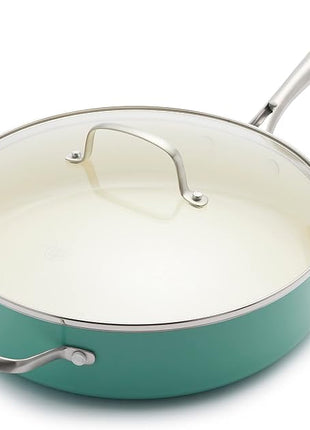 GreenLife Artisan Healthy Ceramic Nonstick, 5QT Saute Pan Jumbo Cooker with Helper Handle and Lid, Stainless Steel Handle, Induction, PFAS-Free, Dishwasher Safe, Oven Safe, Turquoise
