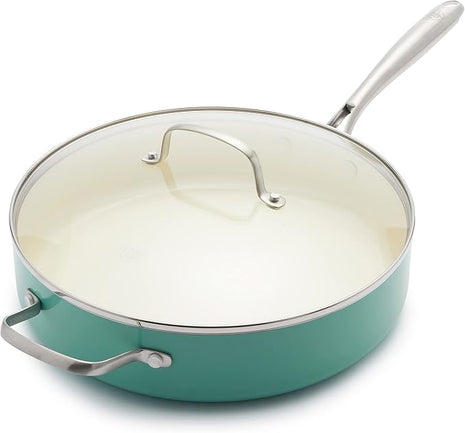 GreenLife Artisan Healthy Ceramic Nonstick, 5QT Saute Pan Jumbo Cooker with Helper Handle and Lid, Stainless Steel Handle, Induction, PFAS-Free, Dishwasher Safe, Oven Safe, Turquoise