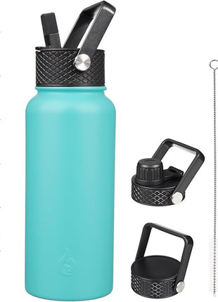 BJPKPK Insulated Water Bottles with Straw Lid, 32oz Metal Large Water Bottle with 3 Lids, Reusable Leak Proof BPA Free Thermo, Stainless Steel Tumblers for Sports, Gym, Travel-Turquoise