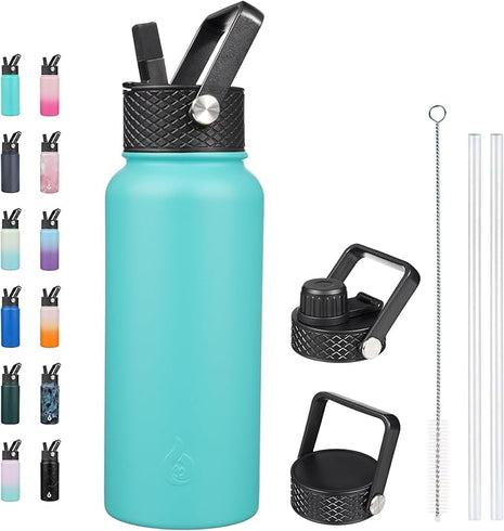 BJPKPK Insulated Water Bottles with Straw Lid, 32oz Metal Large Water Bottle with 3 Lids, Reusable Leak Proof BPA Free Thermo, Stainless Steel Tumblers for Sports, Gym, Travel-Turquoise