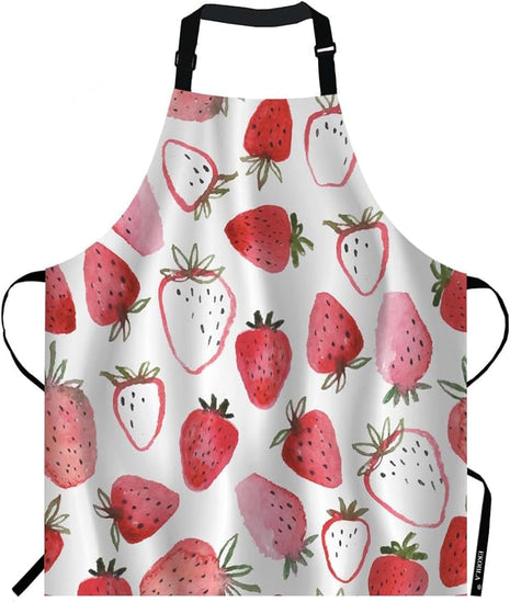 EKOBLA Strawberry Aprons Abstract Watercolor Hand Drawn Beautiful Fruit Fresh Sweet Spring Waterproof Resistant Chef Cooking Kitchen BBQ Adjustable Aprons for Women Men 27x31 Inch