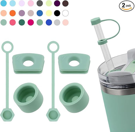 Silicone Spill Stopper Set Compatible with Stanley Cup 2.0 30oz & 40oz with Straw Cover (Set of 2, Eucalyptus)