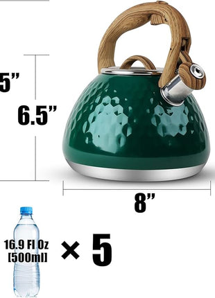 Tea Kettle, Toptier Teapot Whistling Kettle with Wood Pattern Handle Loud Whistle, Food Grade Stainless Steel Tea Pot for Stovetops Induction Diamond Design Water Kettle, 2.7-Quart Dark Green