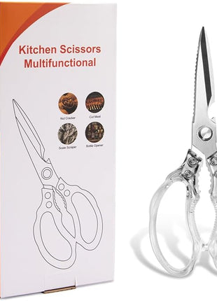 CGBE Kitchen Scissors, Multi-Purpose Kitchen Shears, Heavy Duty Dishwasher Safe Food Scissors for Chicken, Poultry, Fish, Meat & Herbs with Non-Slip Grips (Transparent)