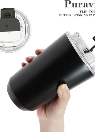 Puraville Insulated Tumblers with Lid, 14 oz Travel Coffee Mug Stainless Steel Vacuum Cup, Leak Proof Reusable Double Walled Coffee Tumbler for Iced and Hot Drinks, Black