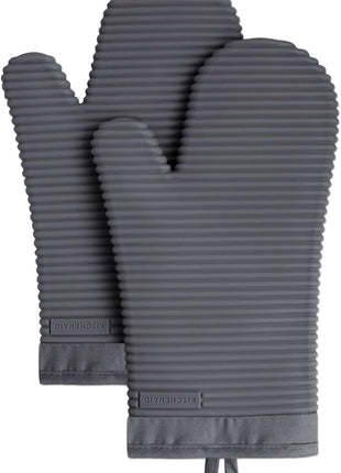 KITCHENAID Ribbed Soft Silicone Oven Mitt 2-Pack Set, 7.5"x13", Charcoal Grey