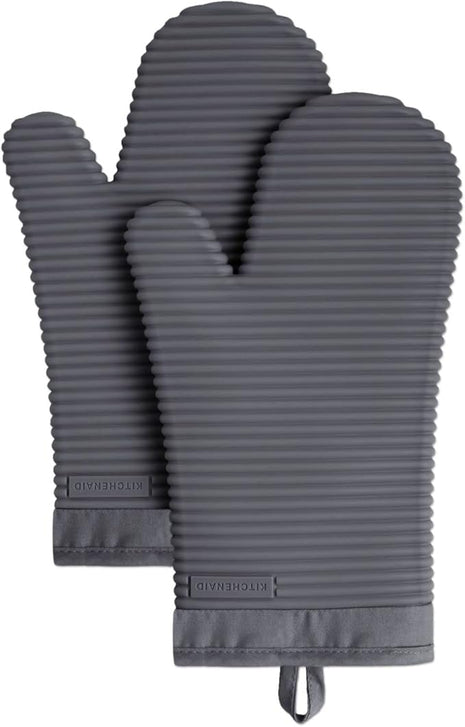 KITCHENAID Ribbed Soft Silicone Oven Mitt 2-Pack Set, 7.5"x13", Charcoal Grey