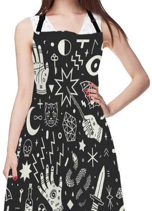 EKOBLA Magical Witchcraft Aprons Hand Eyes Moon Skull Cat Bat Snake Dagger Mushroom Key Waterproof Resistant Chef Cooking Kitchen BBQ Adjustable Aprons for Women Men 27x31 Inch