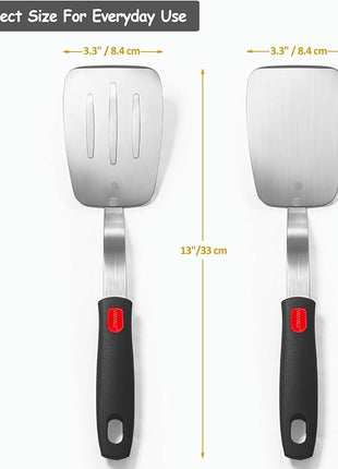Stainless Steel Spatula Turner Set, 2-Pack Metal Spatula for Kitchen Use,VOVOLY Heavy Duty Cooking Turners, Wide Blade with Beveled Edge, Heat Resistant Silicone Handle, Dishwasher Safe