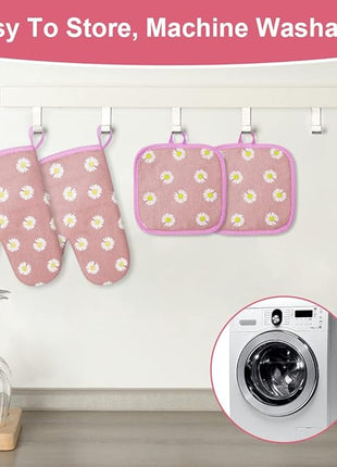 AUAUY Oven Mitts and Potholders, BBQ Gloves Heat Resistant, 1 Pair Oven Mitts and 2 Pot Holders, Cotton Non-Slip Cooking Gloves for Cooking Baking Kitchen Microwave Pizza(Daisy-Pink)