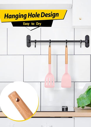 Pack of 2 Silicone Cooking Spatula, Heat Resistant Solid Turner, Non Stick Slotted Spatulas with Wooden Short Handle,Ideal Wood Kitchen Utensils Set for Frying, Baking, Flipping, Turning