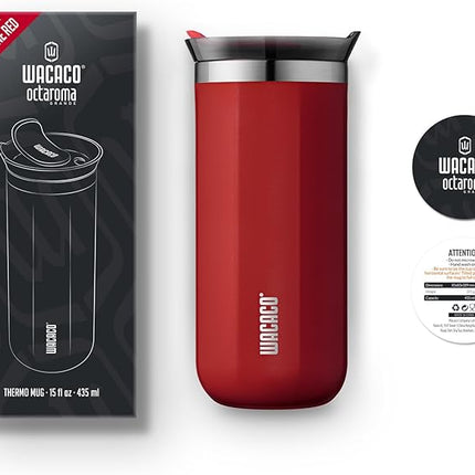 WACACO Octaroma Grande Vacuum Insulated Coffee Mug, 15 fl oz (435ml), Double-wall Stainless Steel Travel Tumbler With Drinking Lid, Carmine Red