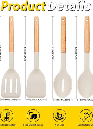 Pack of 4 Silicone Cooking Utensils Set, Non Stick Solid Spatulas and Heat Resistant Slotted Spoons with Wooden Handle, Ideal Wood Kitchen Utensils Set for Frying,Serving,Turning,Stirring (KHAKI)