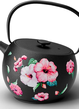 Toptier Teapot with Removable Infuser, Cast Iron Tea Kettle Stovetop Safe, Solid Geometry Ball Design Tea Pot Coated with Enameled Interior for 32 Ounce (950 ml), Morning Glory