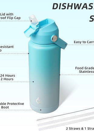 BJPKPK Water Bottle with Straw Lid, 24oz Vacuum Insulated Water Bottles, Metal Stainless Steel Thermo for Sports, Travel, BPA Free Leak Proof Thermo, Cups, Flasks, Tumblers,Sea Salt