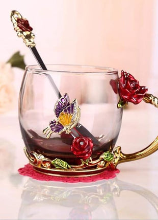 Handicraft Crystal Glass 3D Flower Cups Tea Mug With Tea Spoon Women Coffee, Tea, Juice, Beer, Milk Hot And Cold Drinks Use Gift Package. (Rose Red Coffee Cup, 11 OZ)