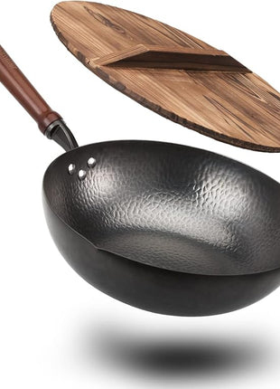 BIELMEIER 12.5" Wok Pan- Woks and Stir Fry Pans, Carbon Steel Wok, Flat Bottom Wok with Lid Suits for all Stoves