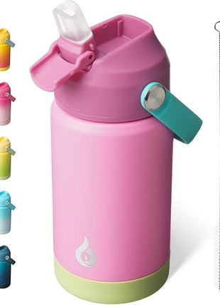 BJPKPK Insulated Water Bottle with Straw Lid, 12oz Thermo Water Bottles, Flex Handle & Non-slip Boot, BPA Free Leak Proof Stainless Steel Metal Thermo, Tumblers, Cups,Rose Pink
