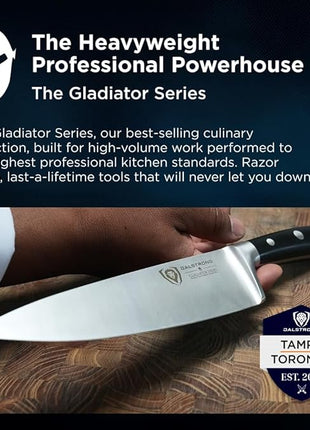 DALSTRONG Chef Knife - 8 inch Blade - Gladiator Series ELITE - Forged HC German Steel Chef's Knife - Razor Sharp Kitchen Knife - Professional Full Tang Knife - Black G10 Handle - Sheath -NSF Certified
