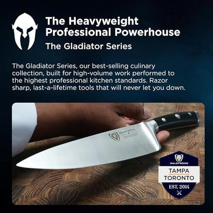 DALSTRONG Chef Knife - 8 inch Blade - Gladiator Series ELITE - Forged HC German Steel Chef's Knife - Razor Sharp Kitchen Knife - Professional Full Tang Knife - Black G10 Handle - Sheath -NSF Certified