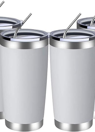 MEWAY 20oz Tumbler 4 Pack Double Wall Vacuum Insulated Travel Mug Bulk, Stainless Steel Tumblers with Lid and Straw, Durable Powder Coated Coffee Cups for Cold & Hot Drinks (White, 4)