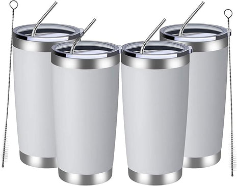 MEWAY 20oz Tumbler 4 Pack Double Wall Vacuum Insulated Travel Mug Bulk, Stainless Steel Tumblers with Lid and Straw, Durable Powder Coated Coffee Cups for Cold & Hot Drinks (White, 4)