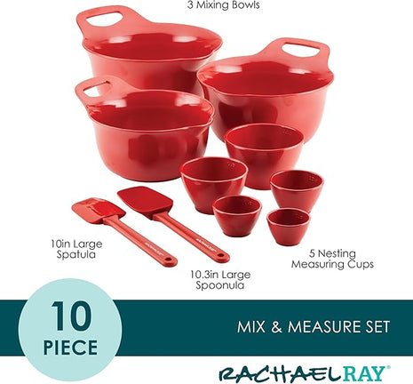 Rachael Ray Pantryware Nesting Mixing Bowls with Built-in spouts and Handles and Measuring Cups For Space-saving storage, Utensil Set, Dishwasher Safe, 10 Piece, Red