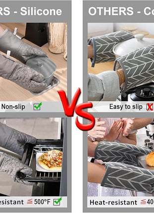 KEGOUU Oven Mitts and Pot Holders 6pcs Set, Kitchen Oven Glove High Heat Resistant 500 Degree Extra Long Oven Mitts and Potholder with Non-Slip Silicone Surface for Cooking (Grey)